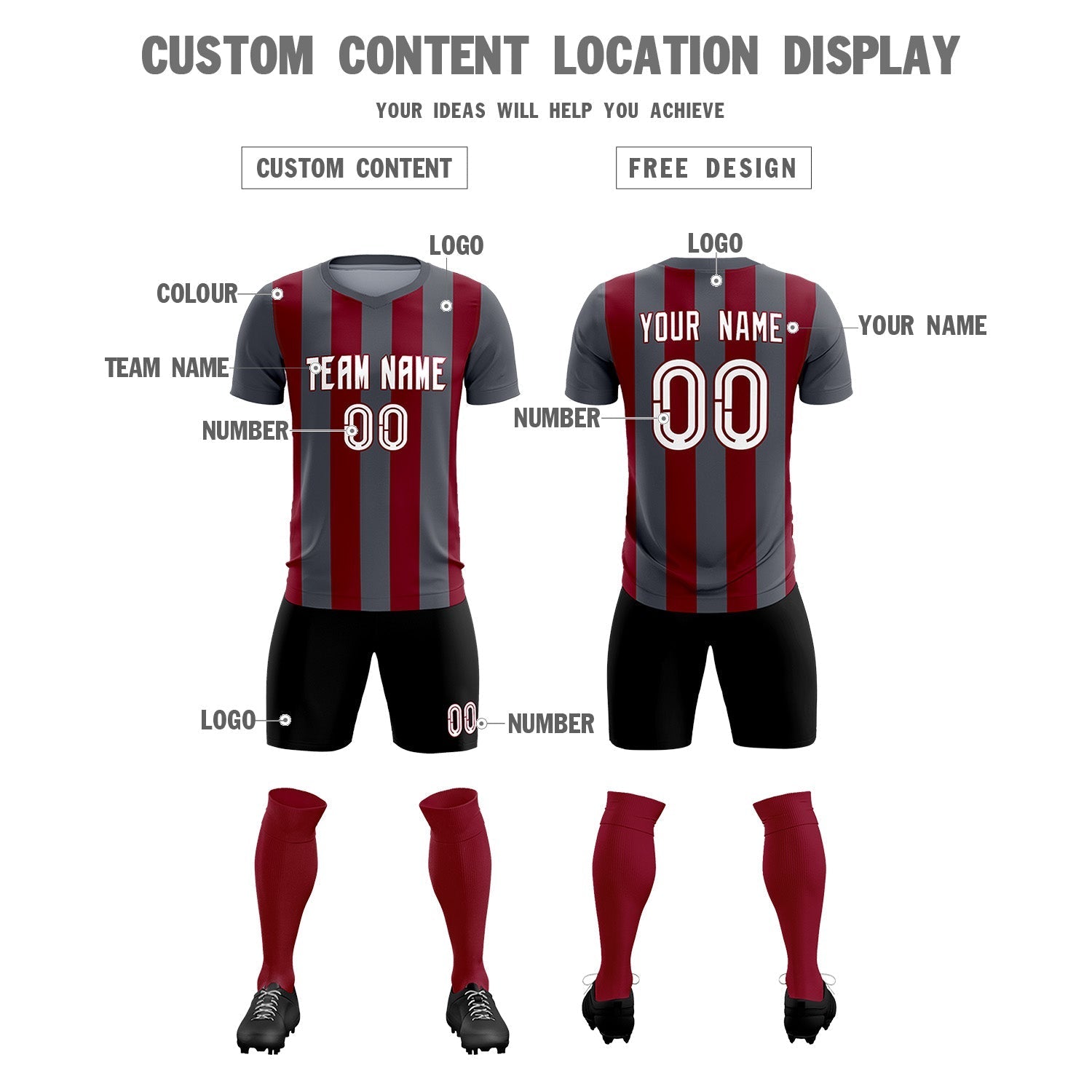 Custom Dark Gray Crimson Vertical Stripes Casual Outdoor Soccer Sets Jersey