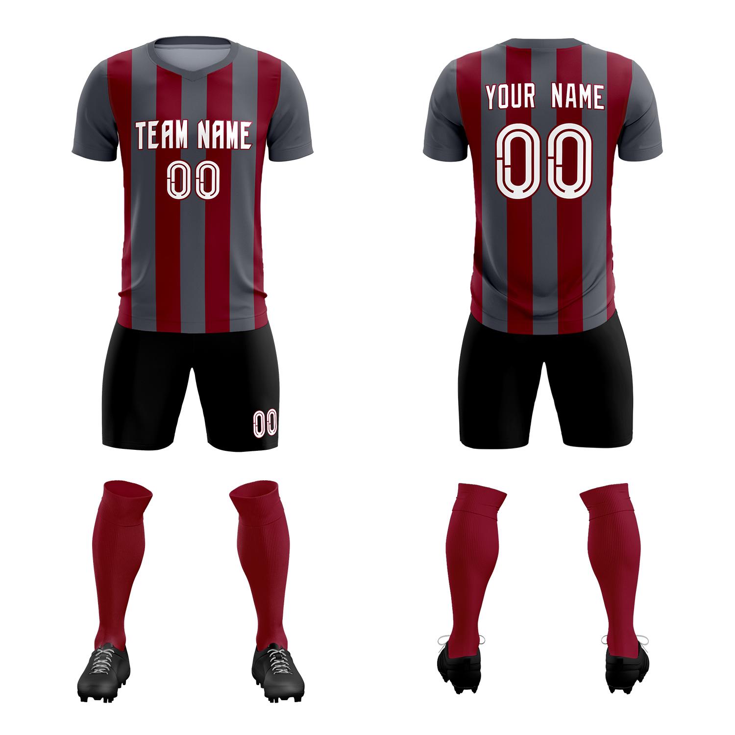 Custom Dark Gray Crimson Vertical Stripes Casual Outdoor Soccer Sets Jersey