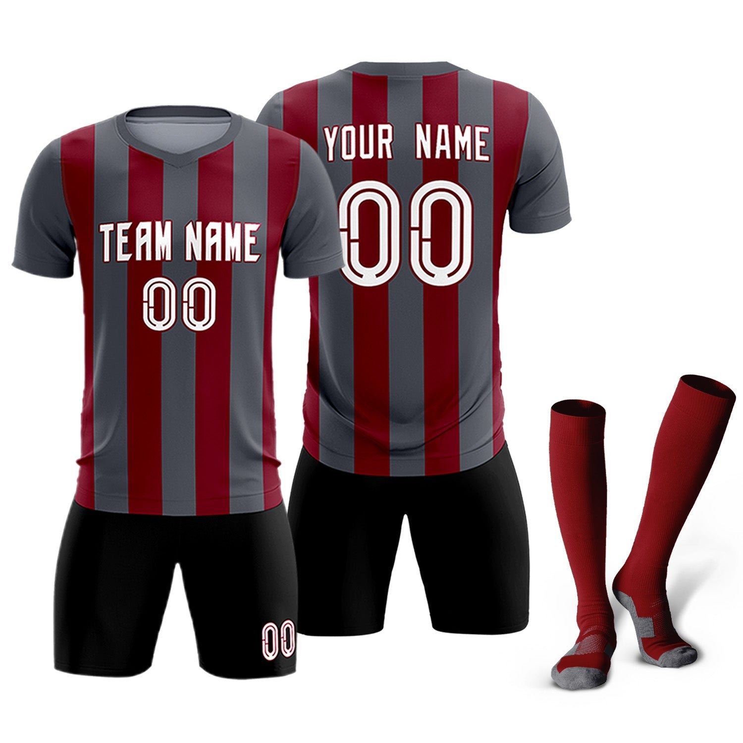 Custom Dark Gray Crimson Vertical Stripes Casual Outdoor Soccer Sets Jersey