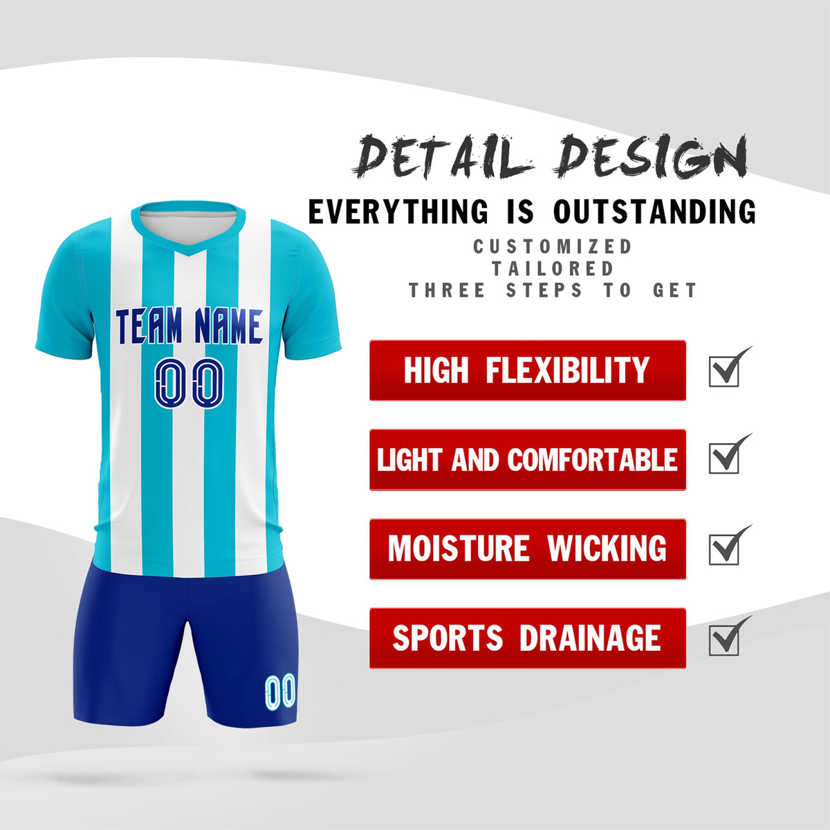 Custom White Sky Blue Vertical Stripes Casual Outdoor Soccer Sets Jersey