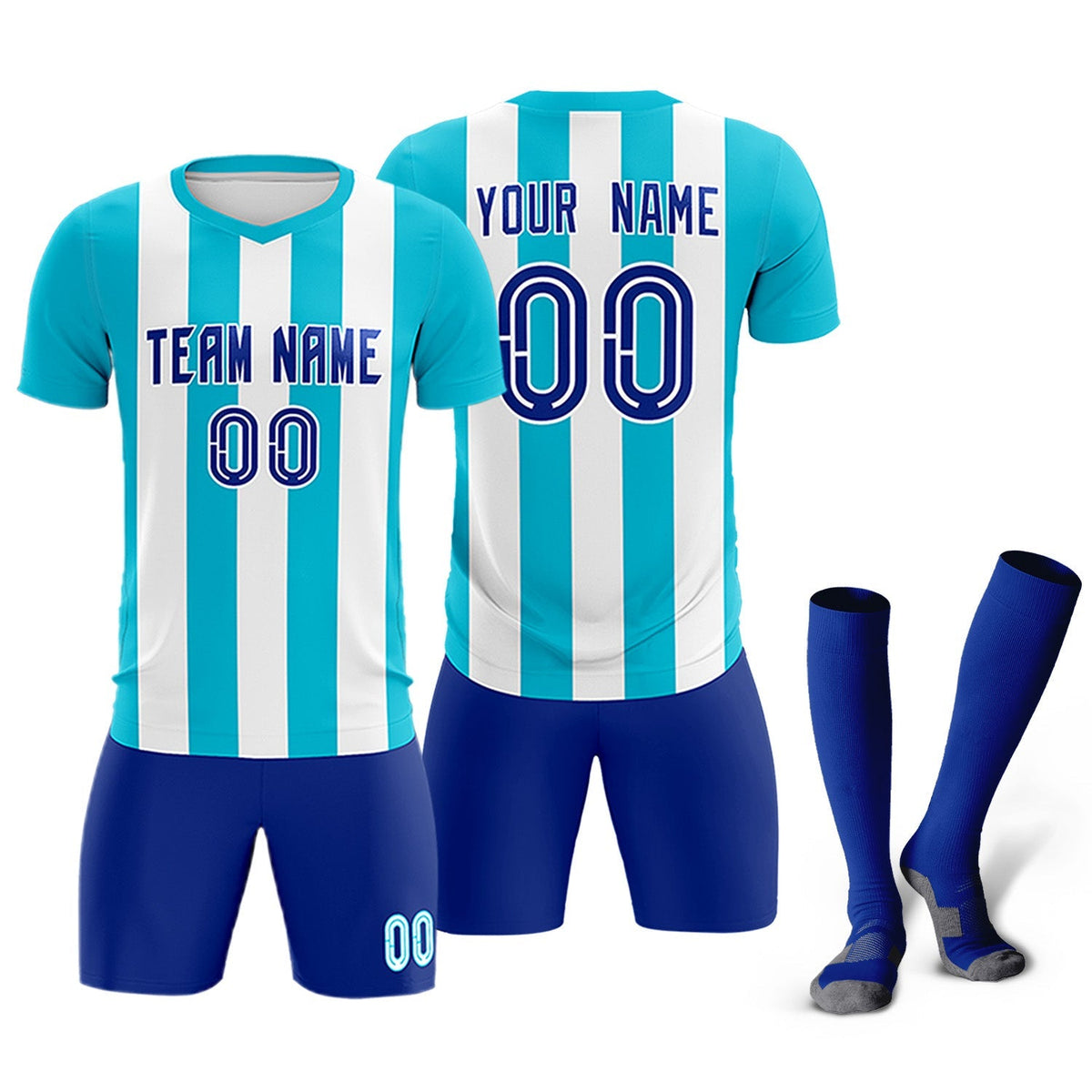 Custom White Sky Blue Vertical Stripes Casual Outdoor Soccer Sets Jersey