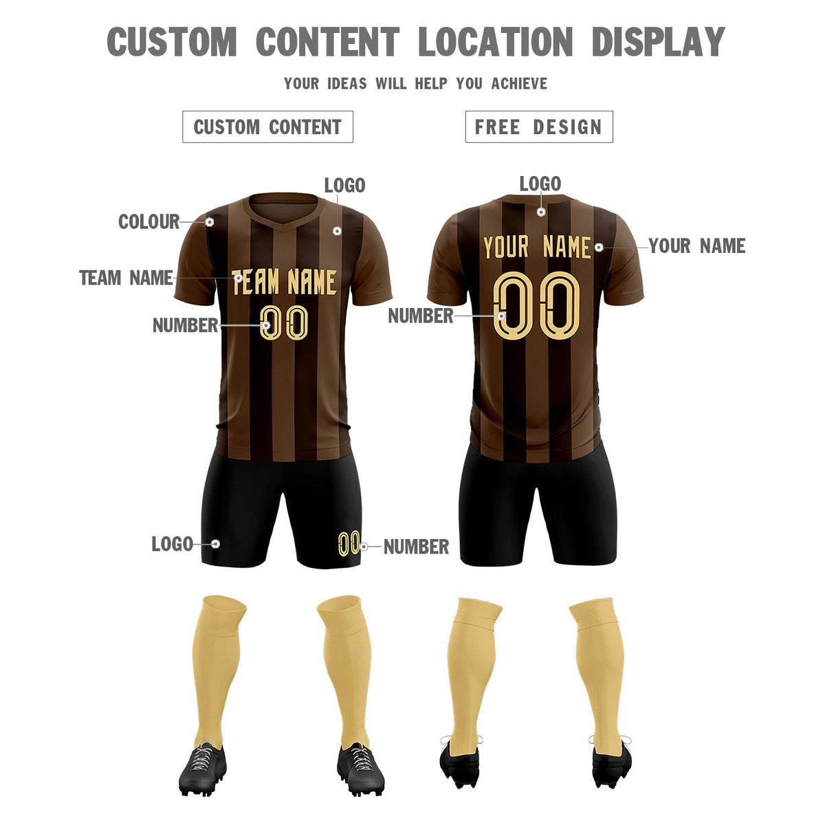 Custom Light Brown Brown Vertical Stripes Casual Outdoor Soccer Sets Jersey