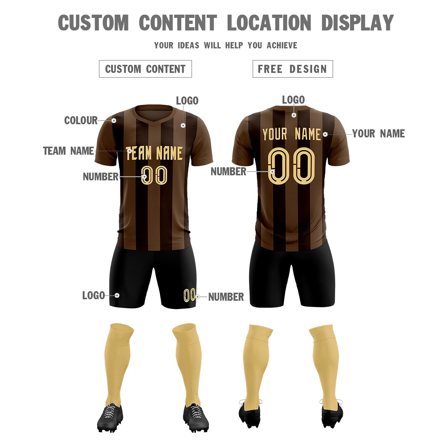 Custom Light Brown Brown Vertical Stripes Casual Outdoor Soccer Sets Jersey