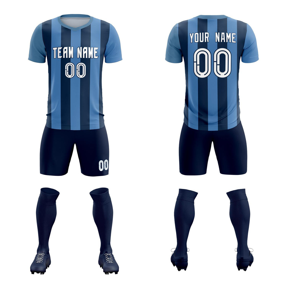 Custom Light Blue Midnight Blue Vertical Stripes Casual Outdoor Soccer Sets Jersey