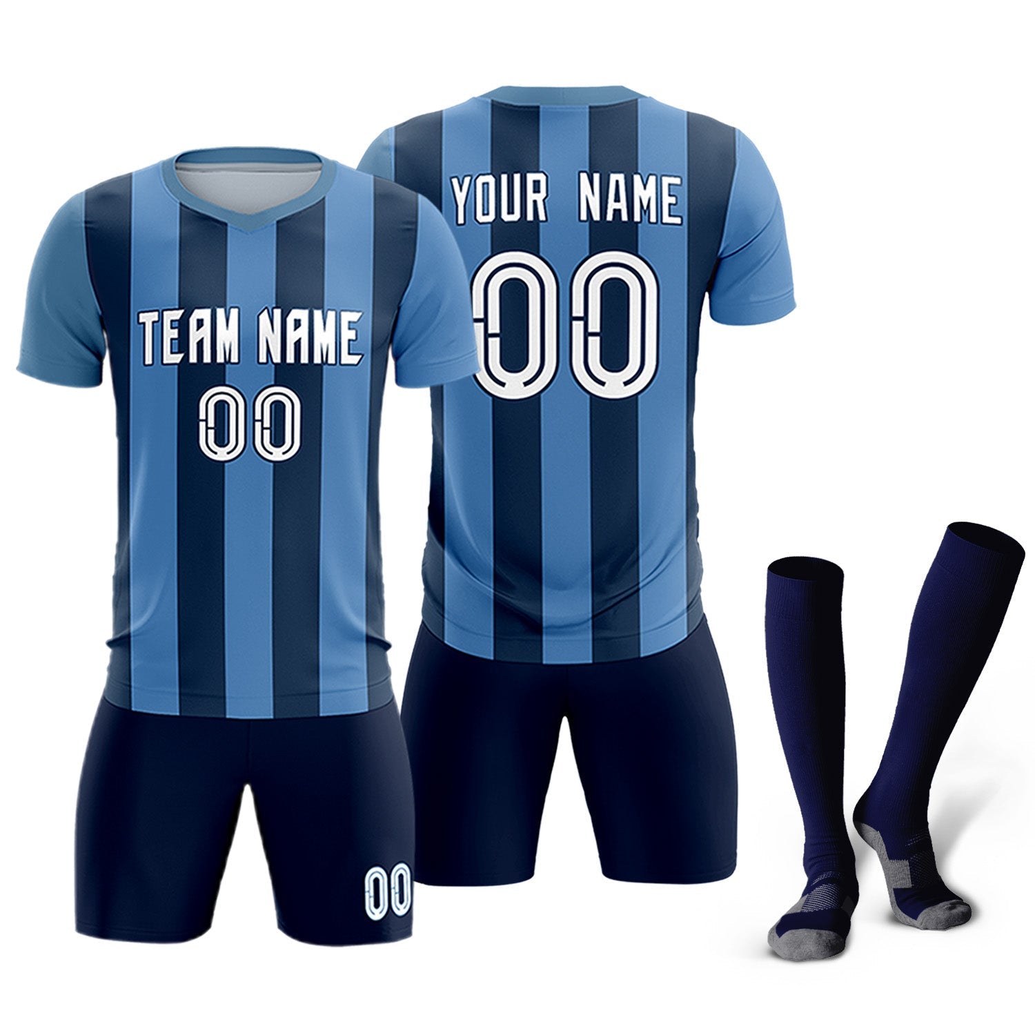Custom Light Blue Midnight Blue Vertical Stripes Casual Outdoor Soccer Sets Jersey