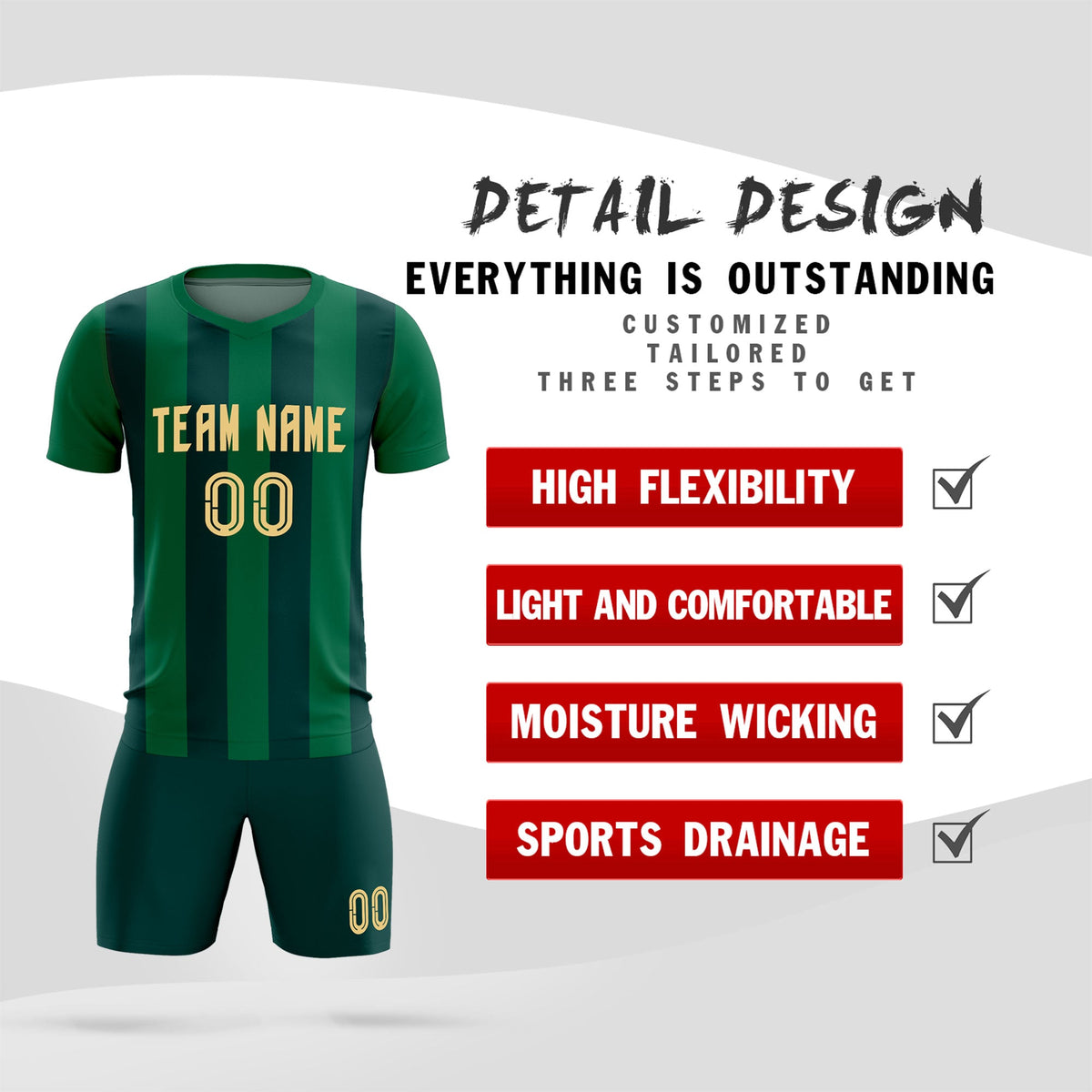 Custom Kelly Green Midnight Green Vertical Stripes Casual Outdoor Soccer Sets Jersey