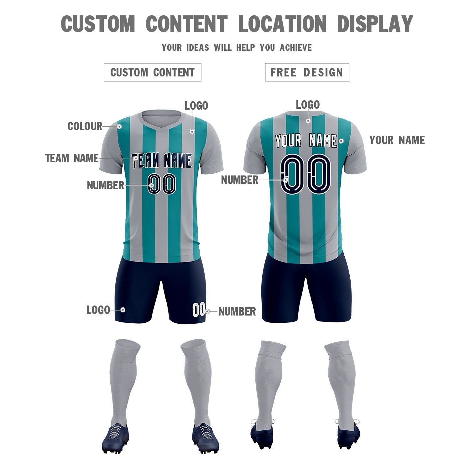 Custom Gray Aqua Vertical Stripes Casual Outdoor Soccer Sets Jersey