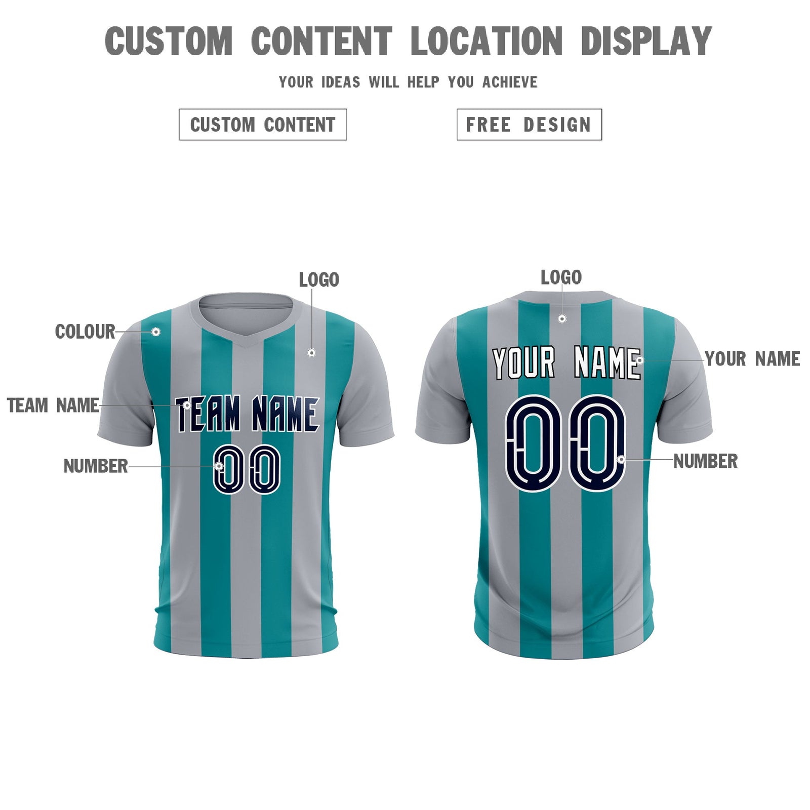 Custom Gray Aqua Vertical Stripes Casual Outdoor Soccer Sets Jersey
