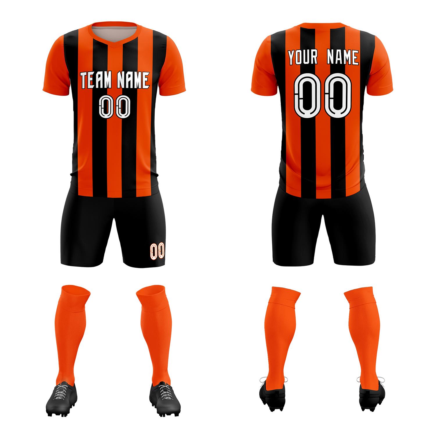 Custom Orange Black Vertical Stripes Casual Outdoor Soccer Sets Jersey