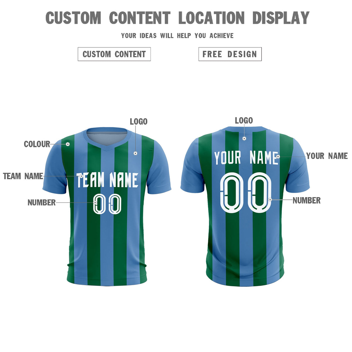 Custom Light Blue Kelly Green Vertical Stripes Casual Outdoor Soccer Sets Jersey