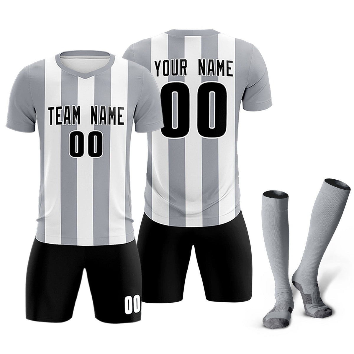 Custom White Gray Vertical Stripes Casual Outdoor Soccer Sets Jersey