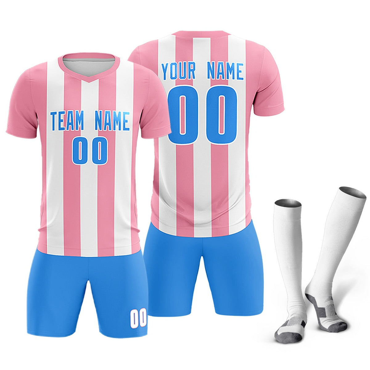 Custom White Light Pink Vertical Stripes Casual Outdoor Soccer Sets Jersey