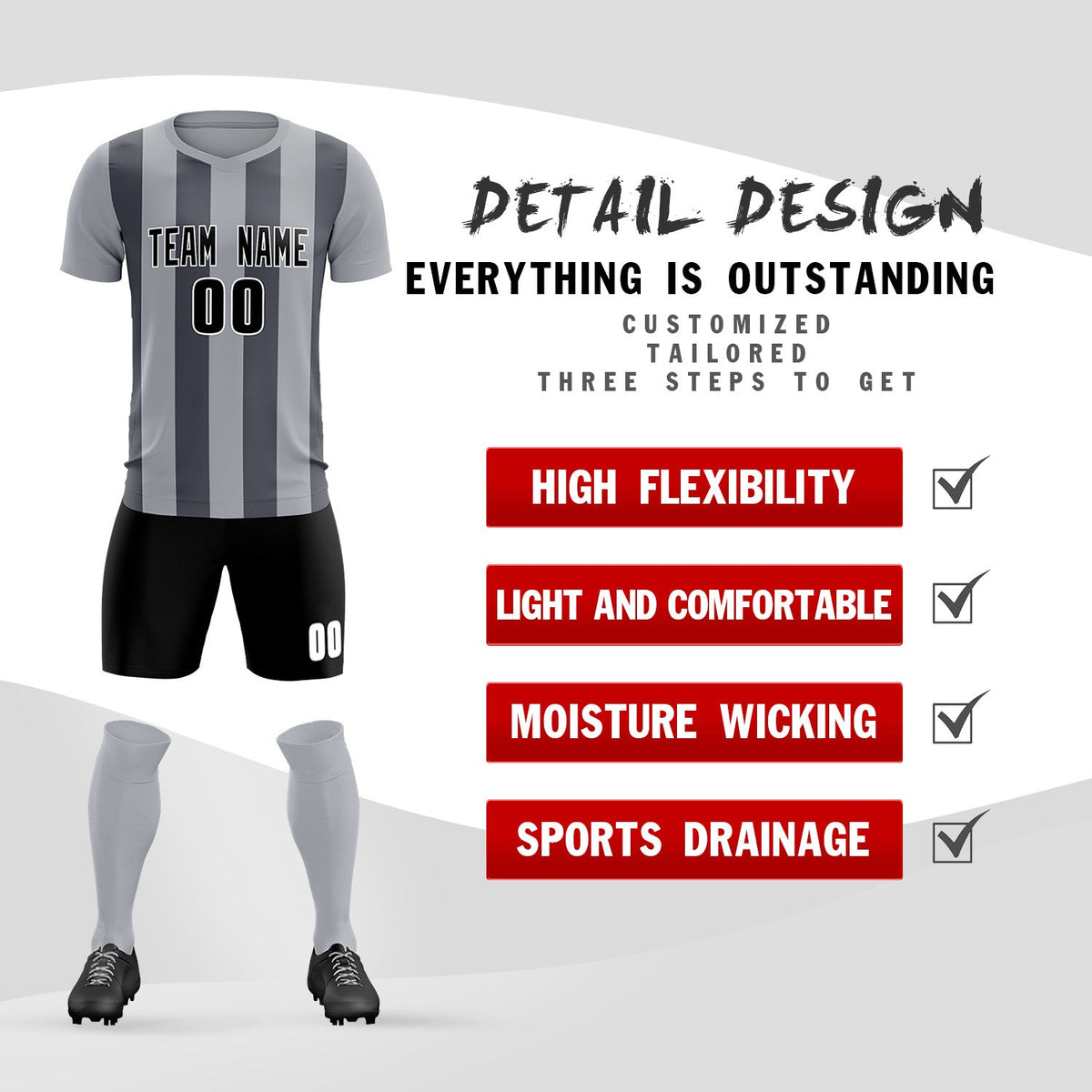 Custom Gray Dark Gray Vertical Stripes Casual Outdoor Soccer Sets Jersey