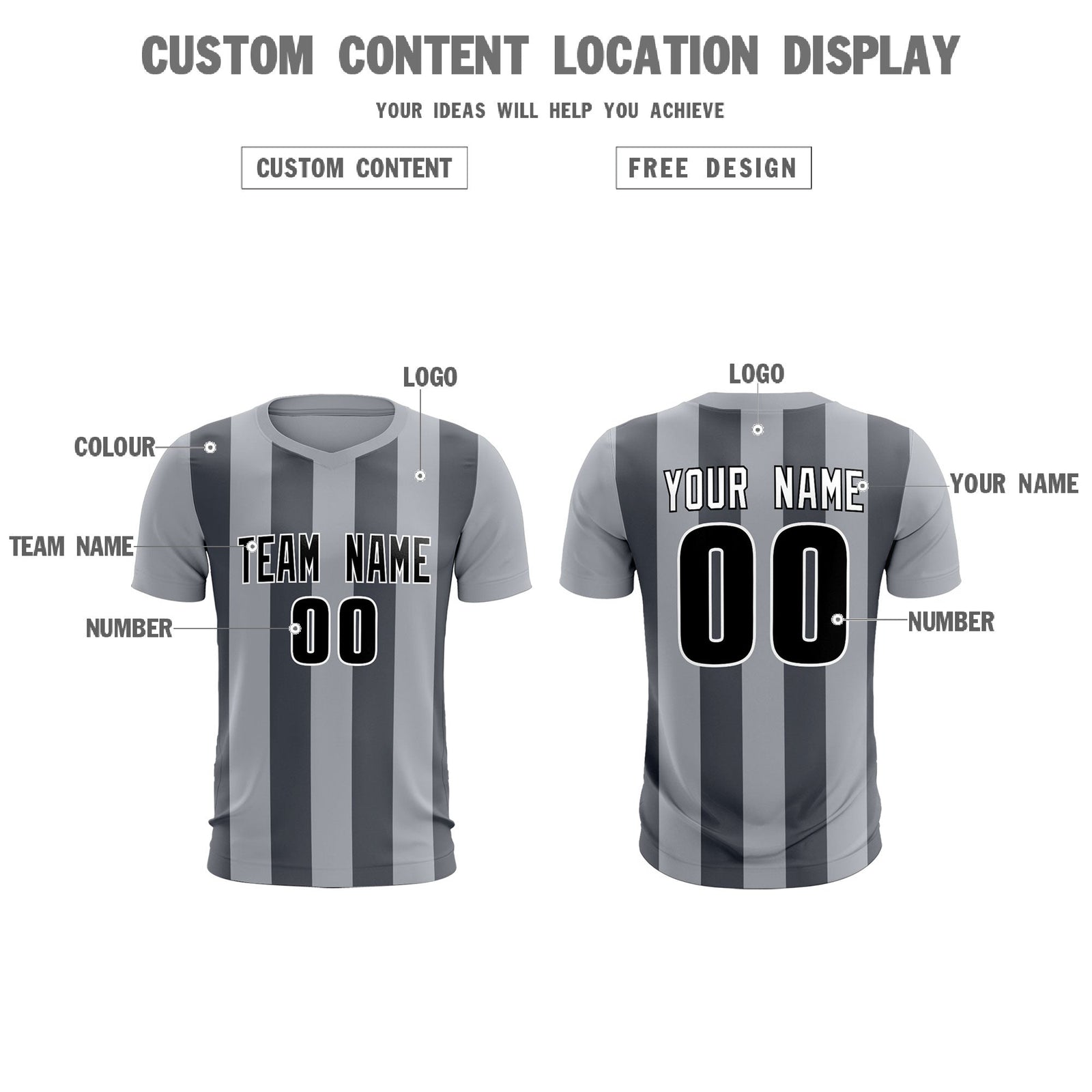 Custom Gray Dark Gray Vertical Stripes Casual Outdoor Soccer Sets Jersey