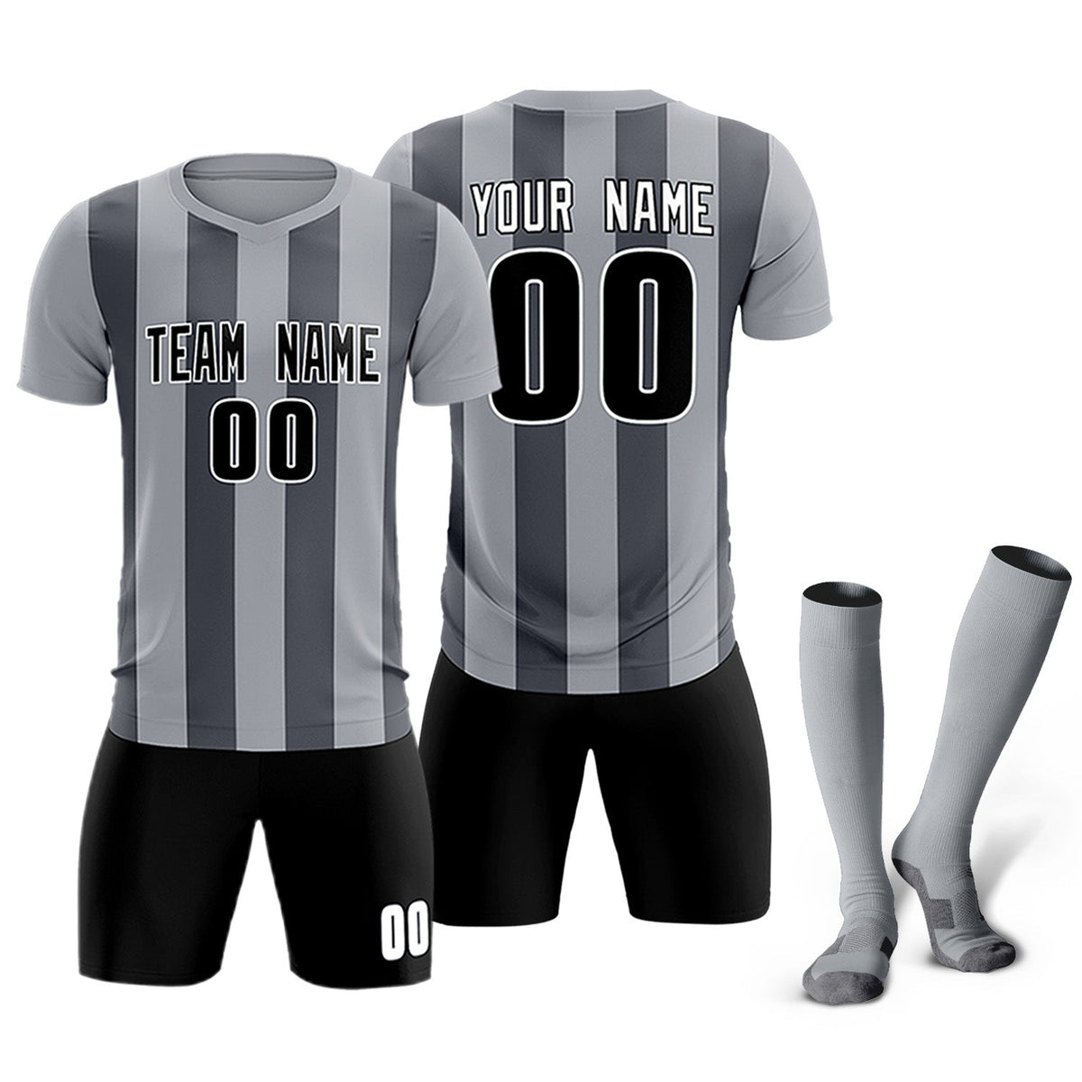 Custom Gray Dark Gray Vertical Stripes Casual Outdoor Soccer Sets Jersey