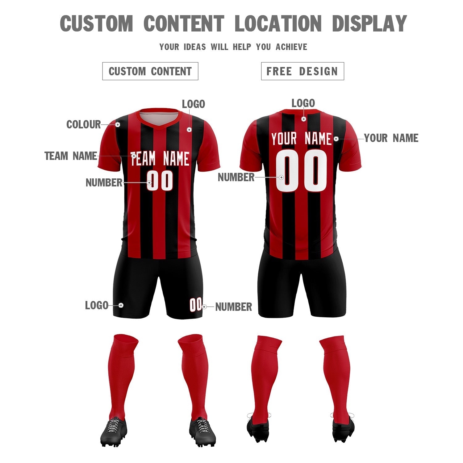 Custom Red Black Vertical Stripes Casual Outdoor Soccer Sets Jersey