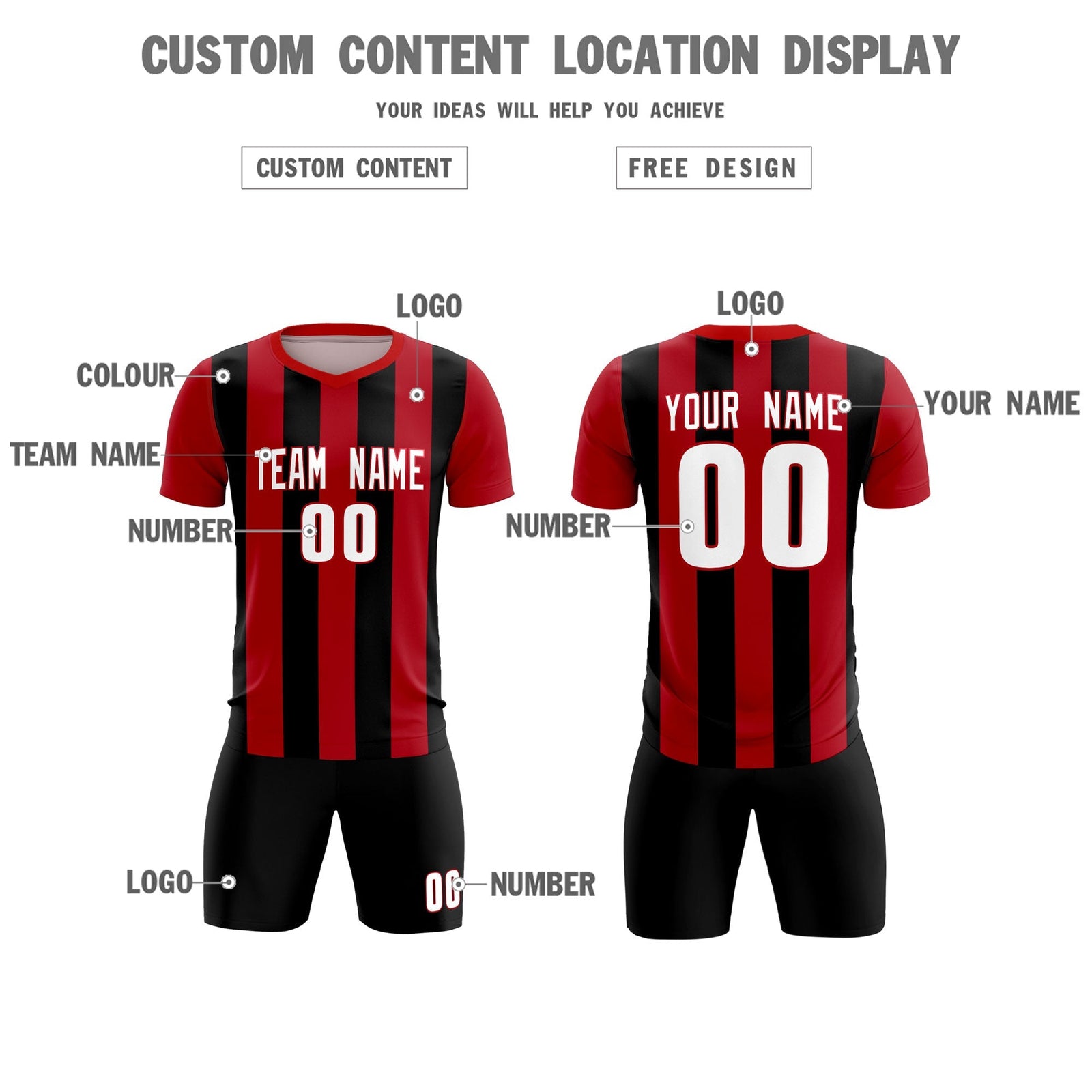 Custom Red Black Vertical Stripes Casual Outdoor Soccer Sets Jersey