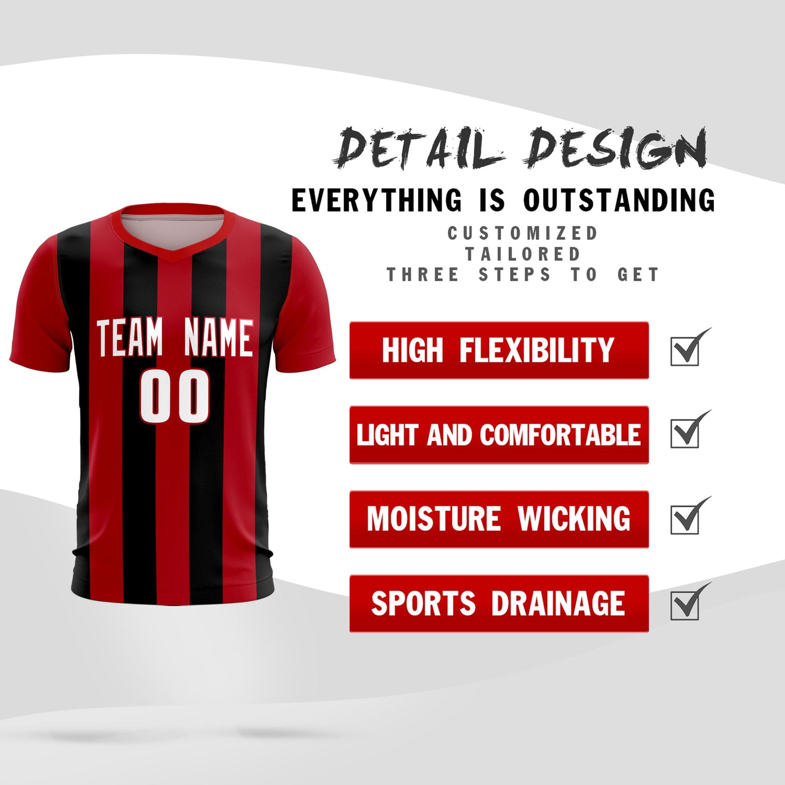 Custom Red Black Vertical Stripes Casual Outdoor Soccer Sets Jersey