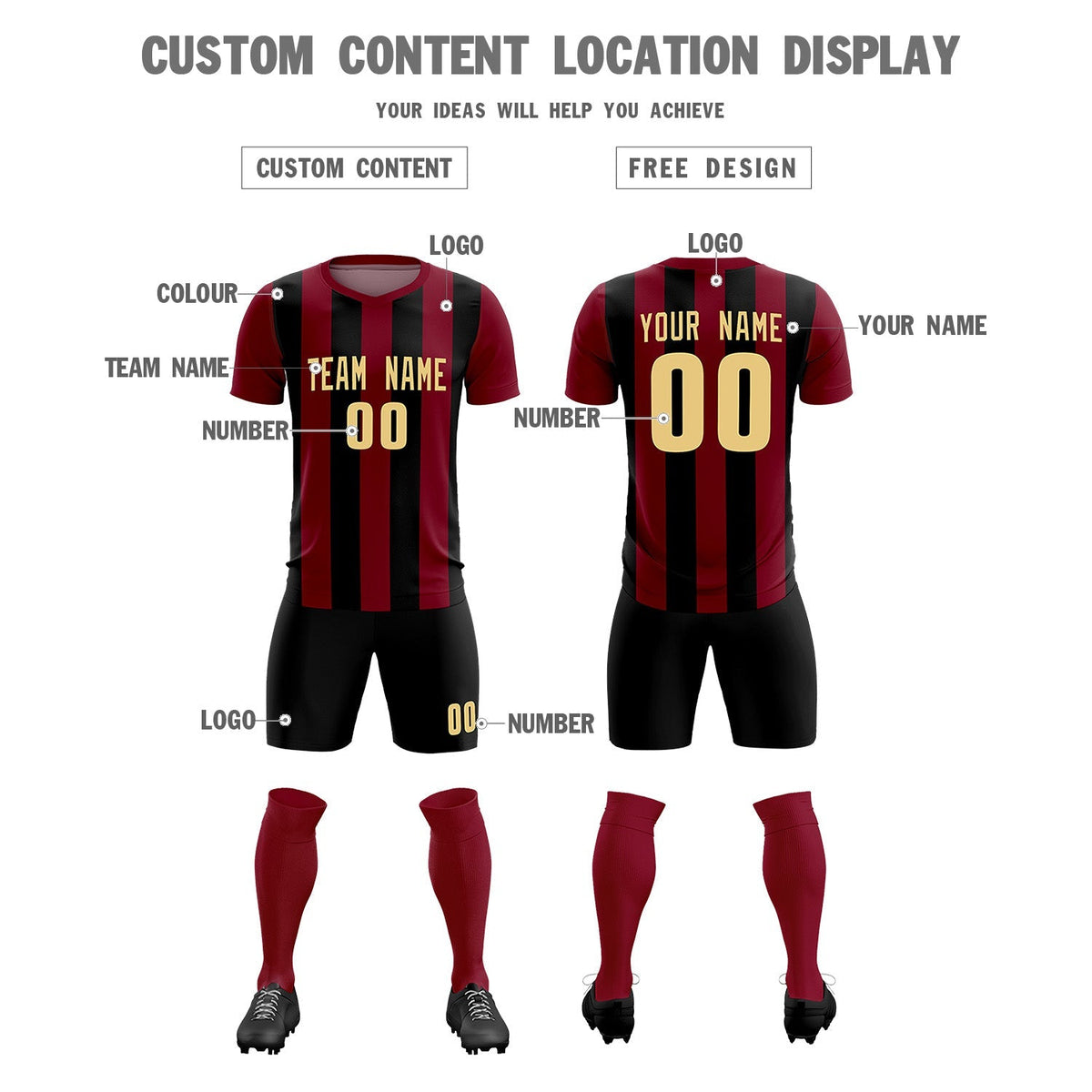Custom Crimson Black Vertical Stripes Casual Outdoor Soccer Sets Jersey