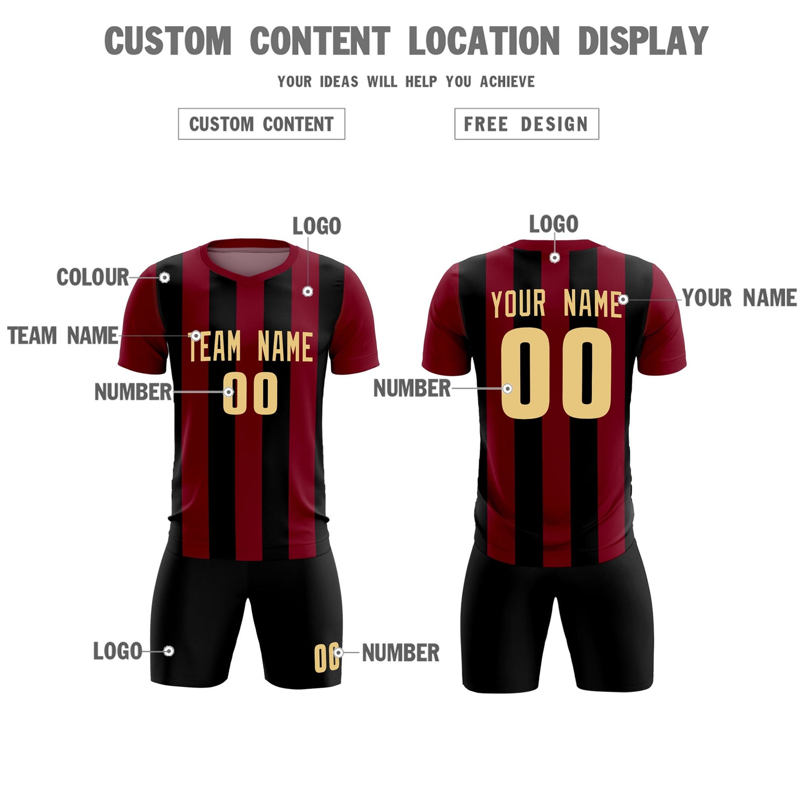 Custom Crimson Black Vertical Stripes Casual Outdoor Soccer Sets Jersey