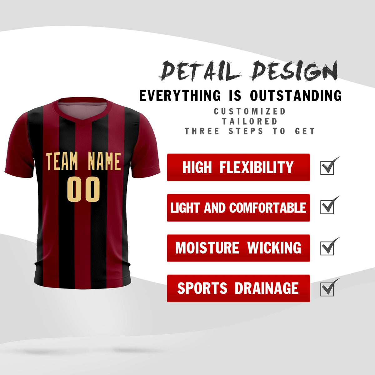 Custom Crimson Black Vertical Stripes Casual Outdoor Soccer Sets Jersey