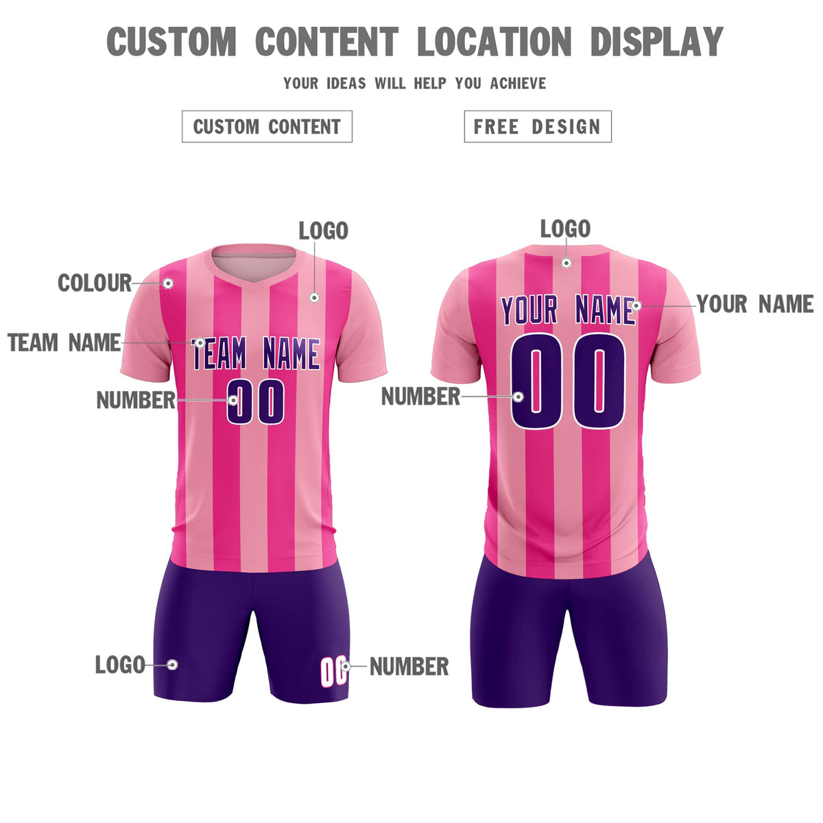 Custom Light Pink Pink Vertical Stripes Casual Outdoor Soccer Sets Jersey