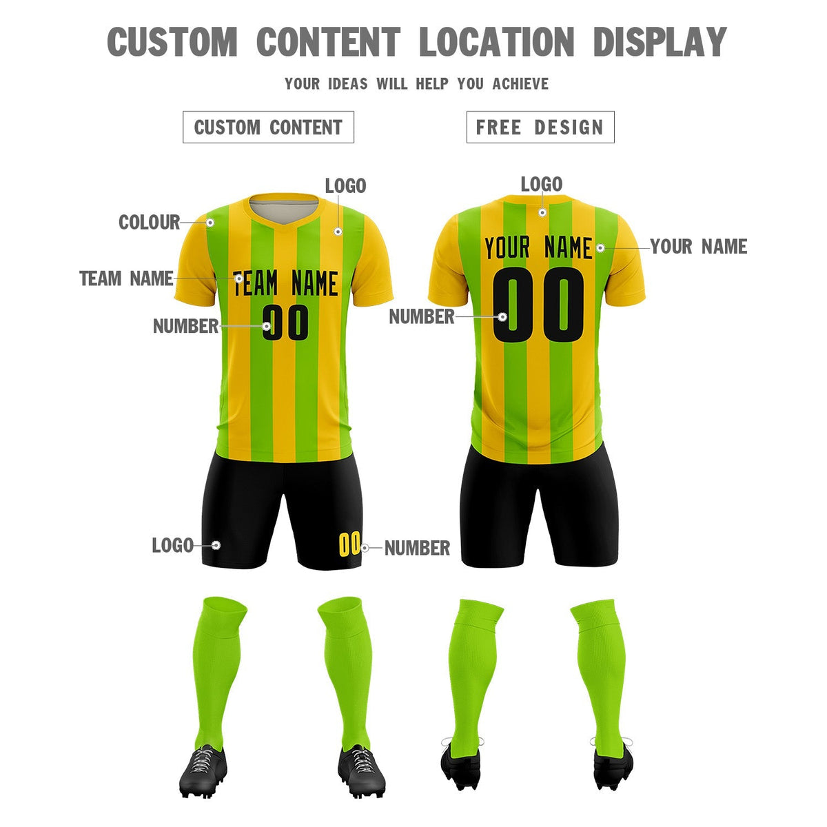 Custom Gold Neon Green Vertical Stripes Casual Outdoor Soccer Sets Jersey