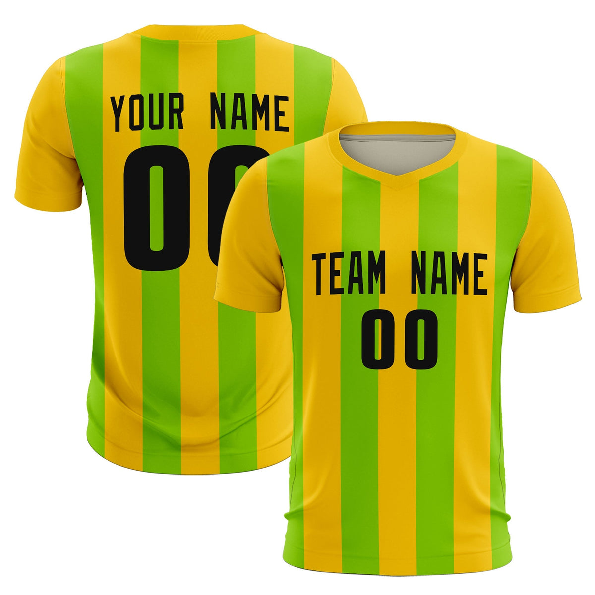 Custom Gold Neon Green Vertical Stripes Casual Outdoor Soccer Sets Jersey