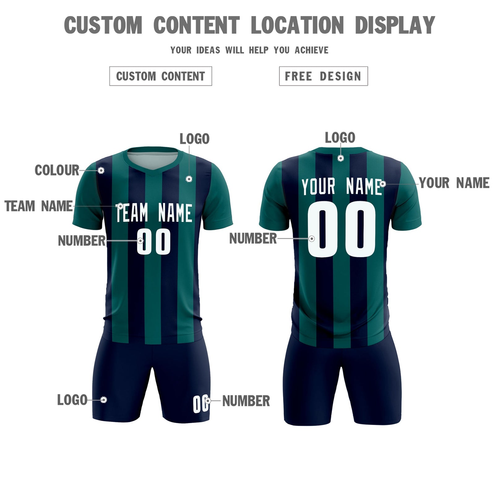 Custom Aqua Navy Vertical Stripes Casual Outdoor Soccer Sets Jersey