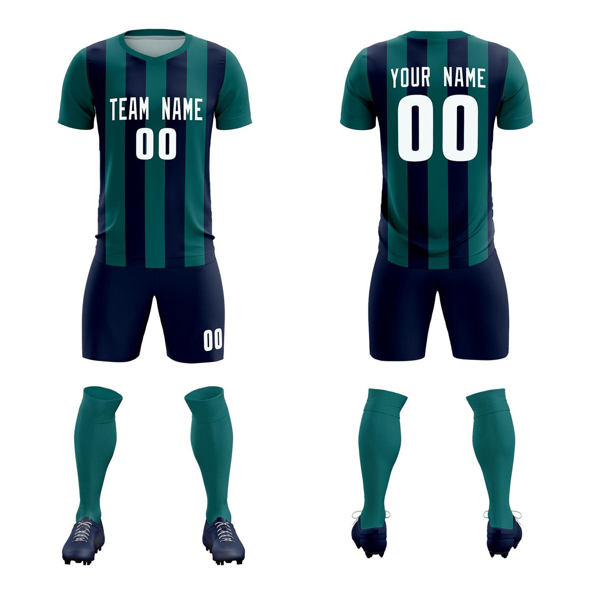 Custom Aqua Navy Vertical Stripes Casual Outdoor Soccer Sets Jersey