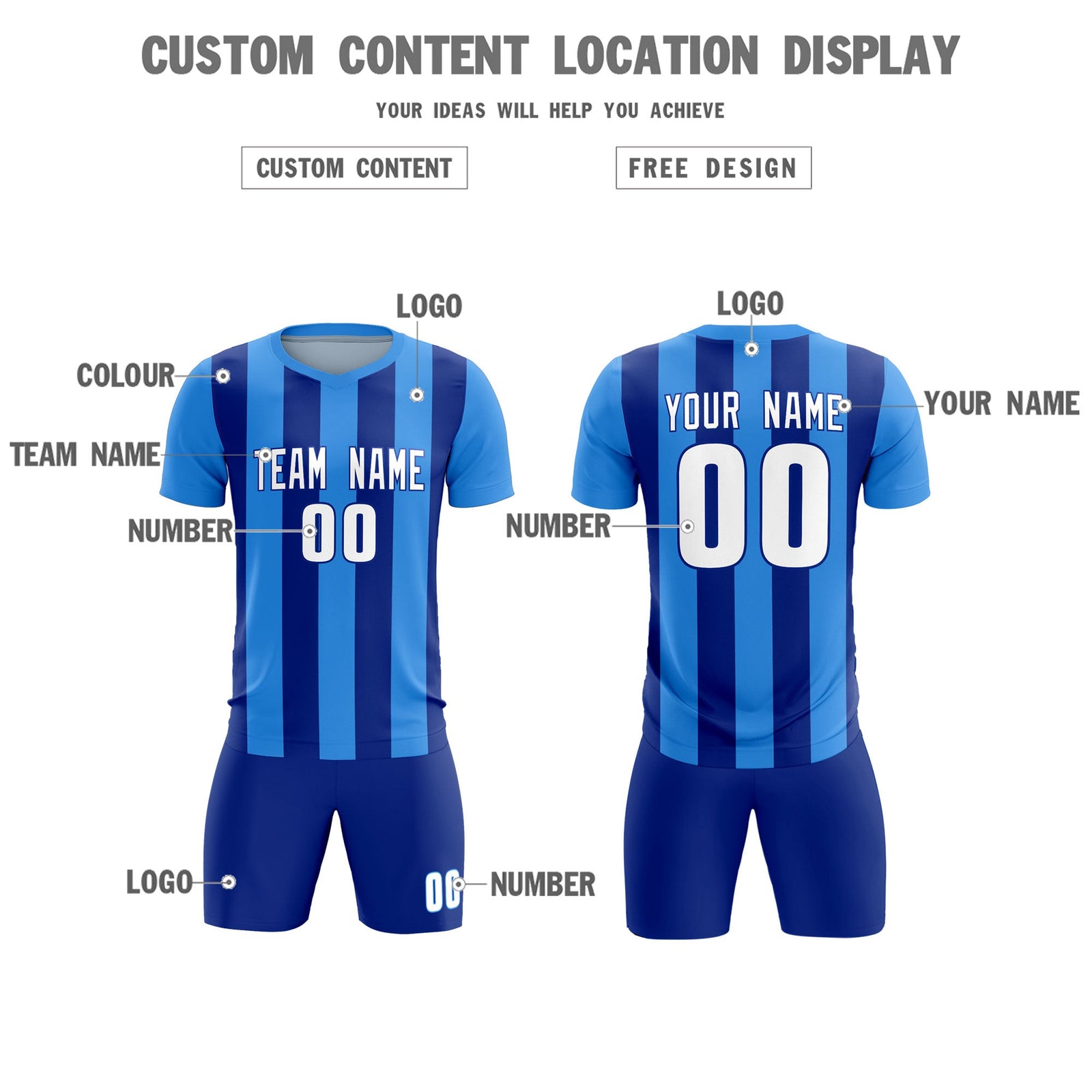 Custom Powder Blue Royal Vertical Stripes Casual Outdoor Soccer Sets Jersey