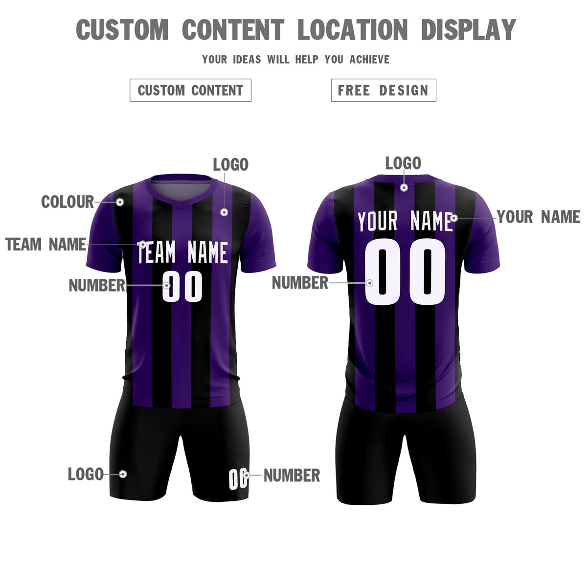 Custom Purple Black Vertical Stripes Casual Outdoor Soccer Sets Jersey