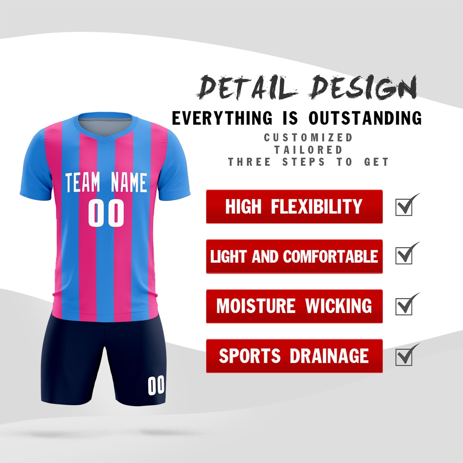 Custom Powder Blue Pink Vertical Stripes Casual Outdoor Soccer Sets Jersey