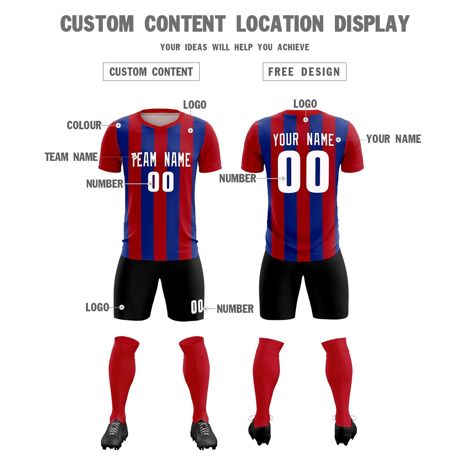 Custom Red Royal Vertical Stripes Casual Outdoor Soccer Sets Jersey