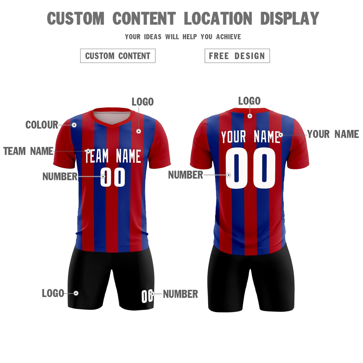 Custom Red Royal Vertical Stripes Casual Outdoor Soccer Sets Jersey