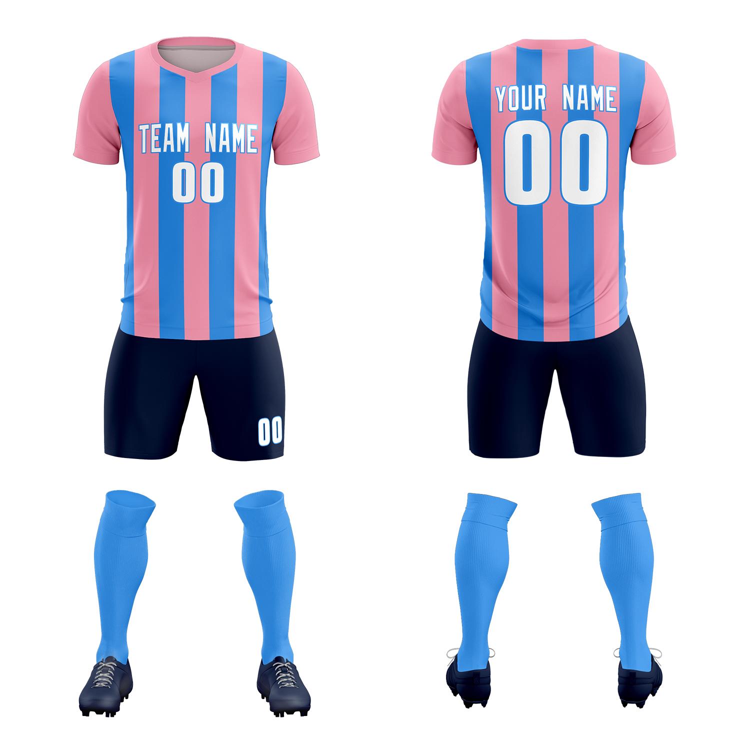 Custom Light Pink Powder Blue Vertical Stripes Casual Outdoor Soccer Sets Jersey