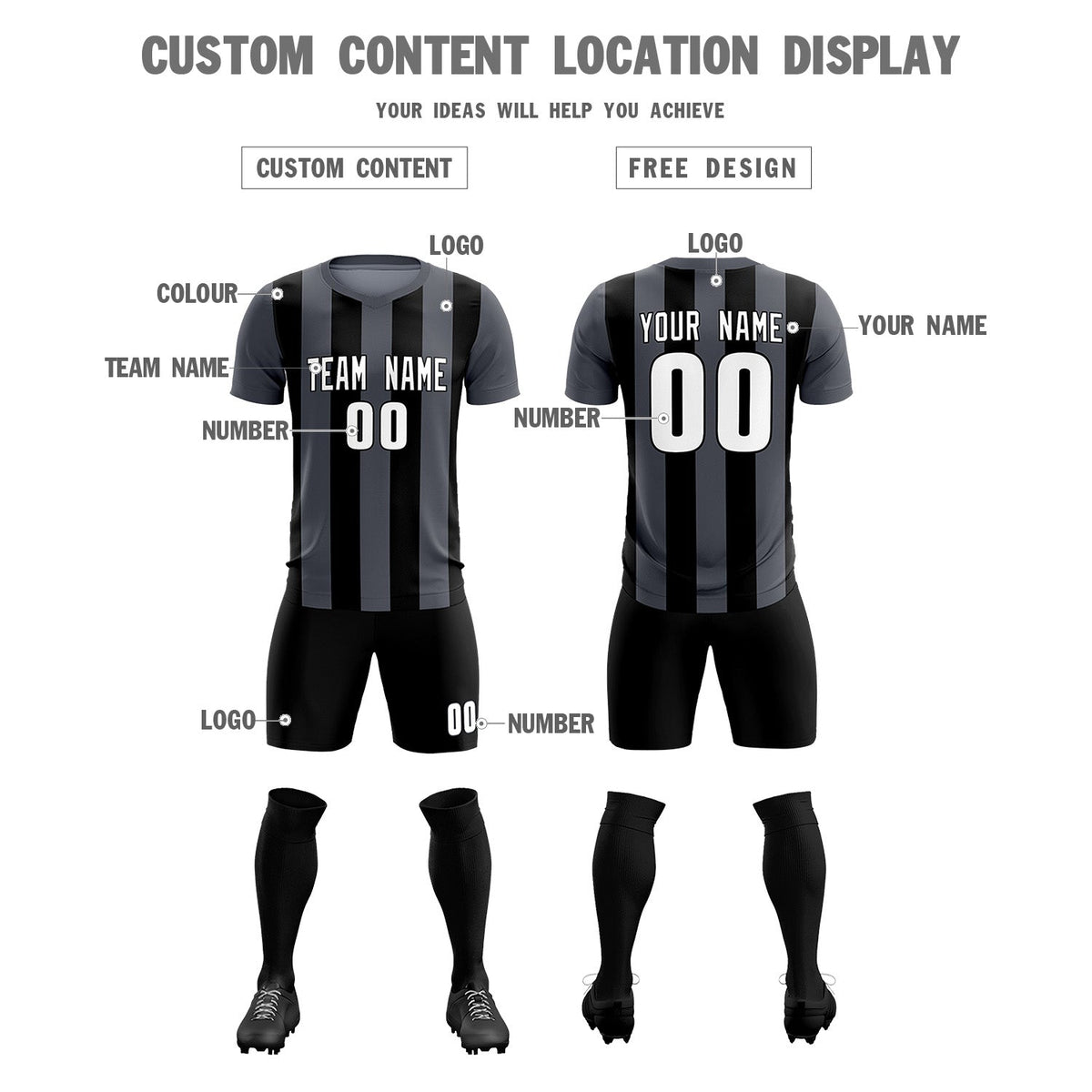 Custom Dark Gray Black Vertical Stripes Casual Outdoor Soccer Sets Jersey