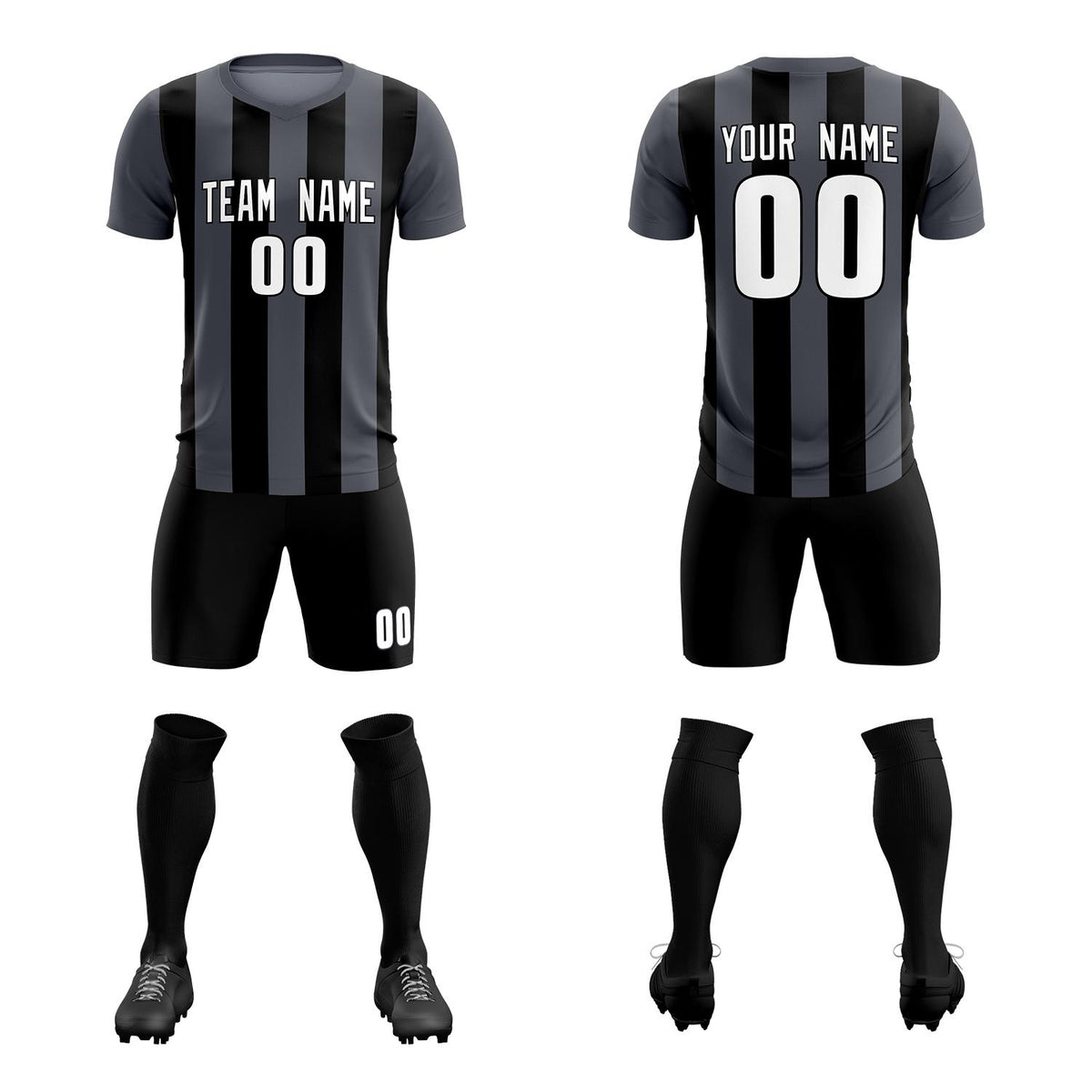 Custom Dark Gray Black Vertical Stripes Casual Outdoor Soccer Sets Jersey