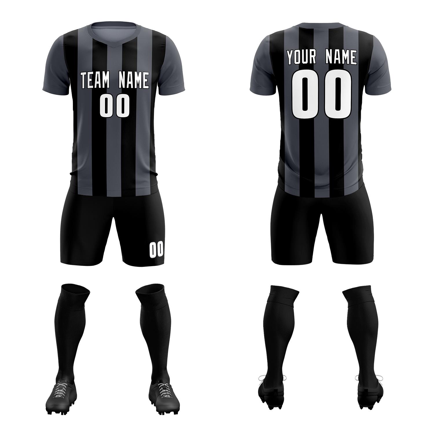 Custom Dark Gray Black Vertical Stripes Casual Outdoor Soccer Sets Jersey