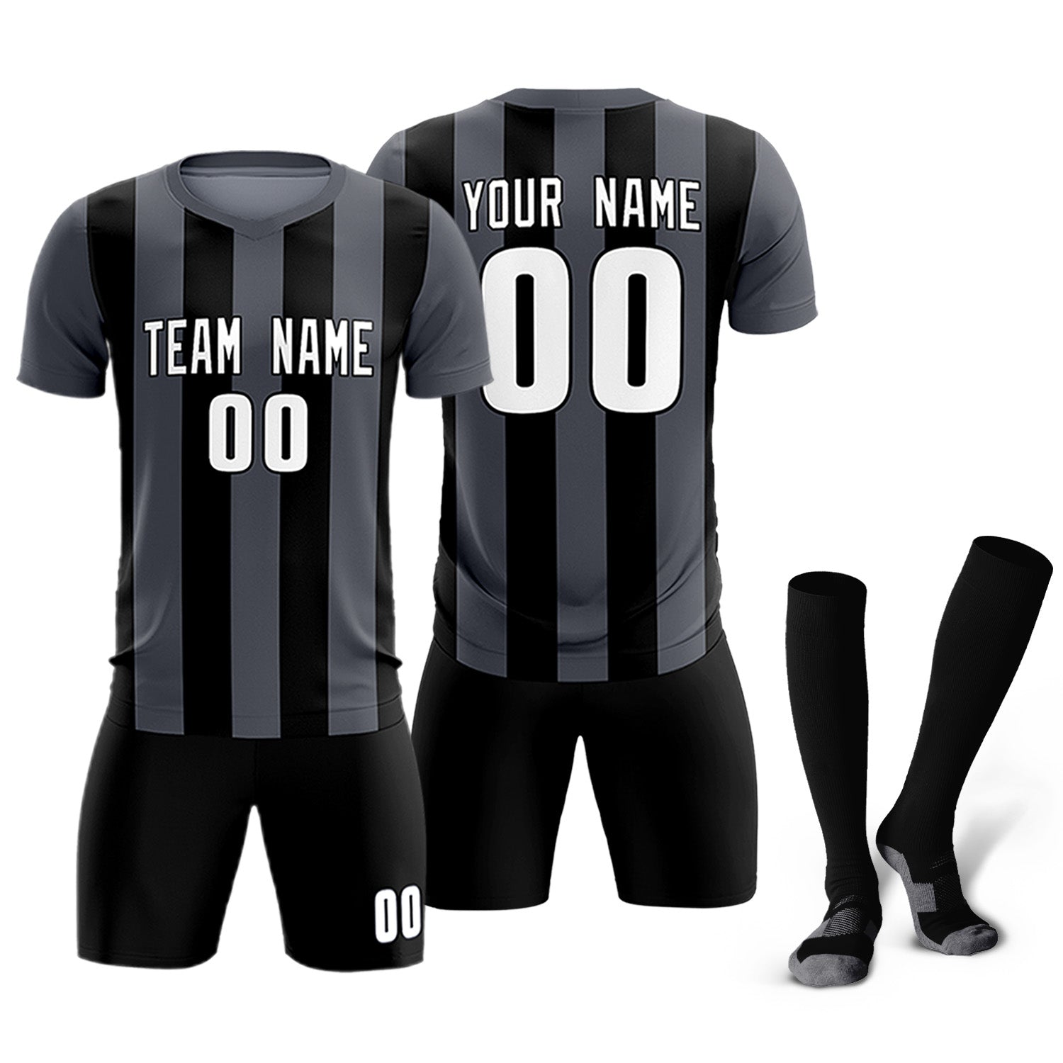 Custom Dark Gray Black Vertical Stripes Casual Outdoor Soccer Sets Jersey