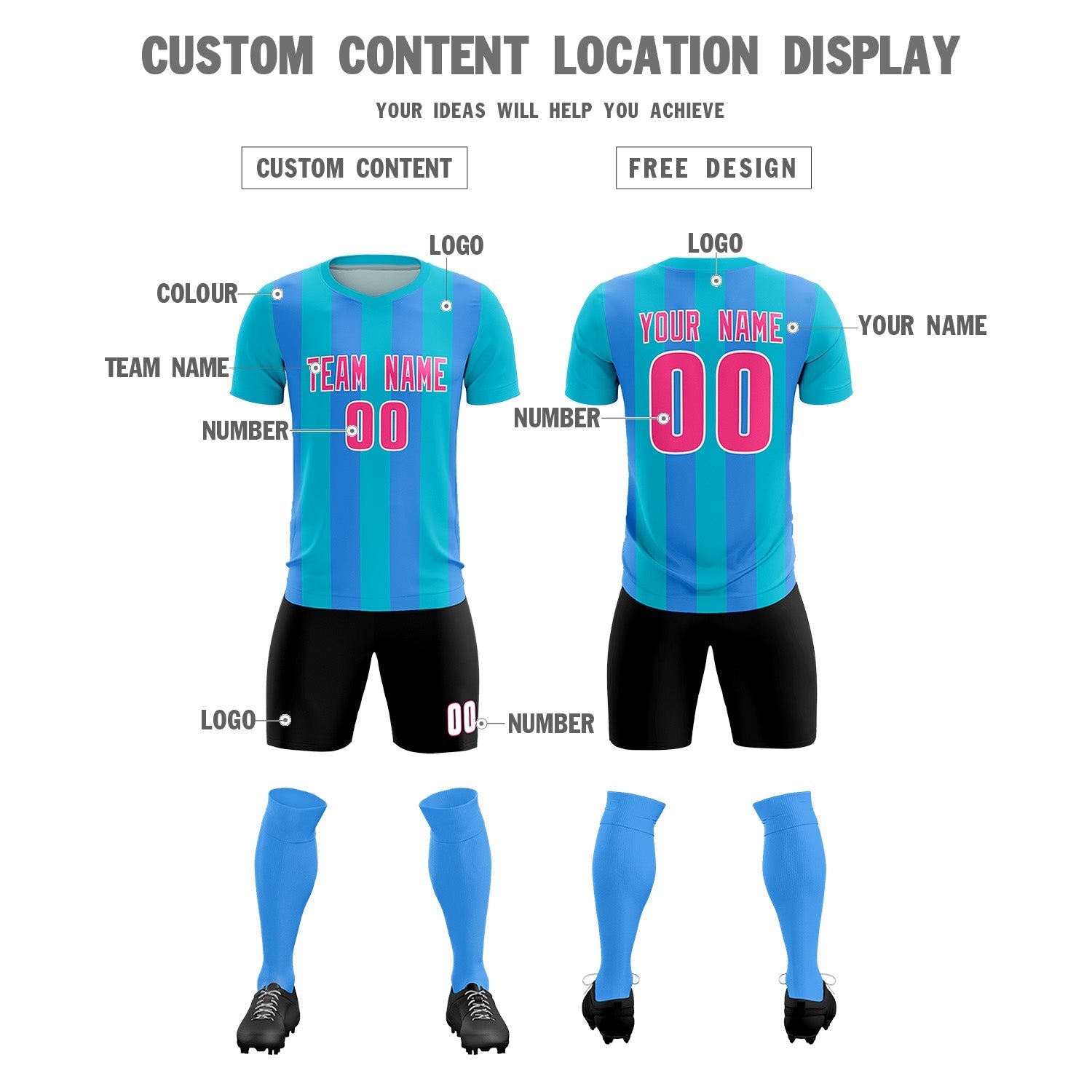 Custom Sky Blue Powder Blue Vertical Stripes Casual Outdoor Soccer Sets Jersey