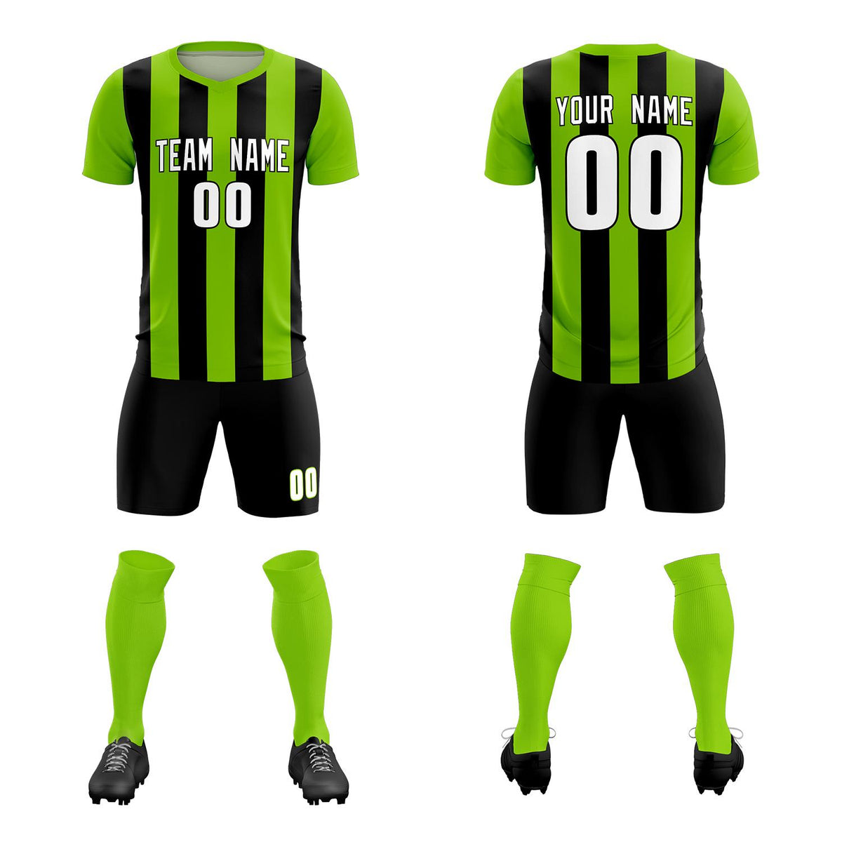 Custom Neon Green Black Vertical Stripes Casual Outdoor Soccer Sets Jersey