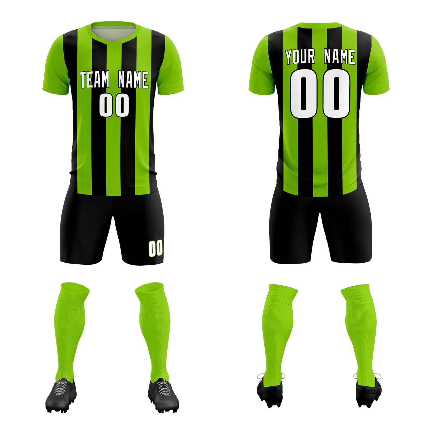 Custom Neon Green Black Vertical Stripes Casual Outdoor Soccer Sets Jersey