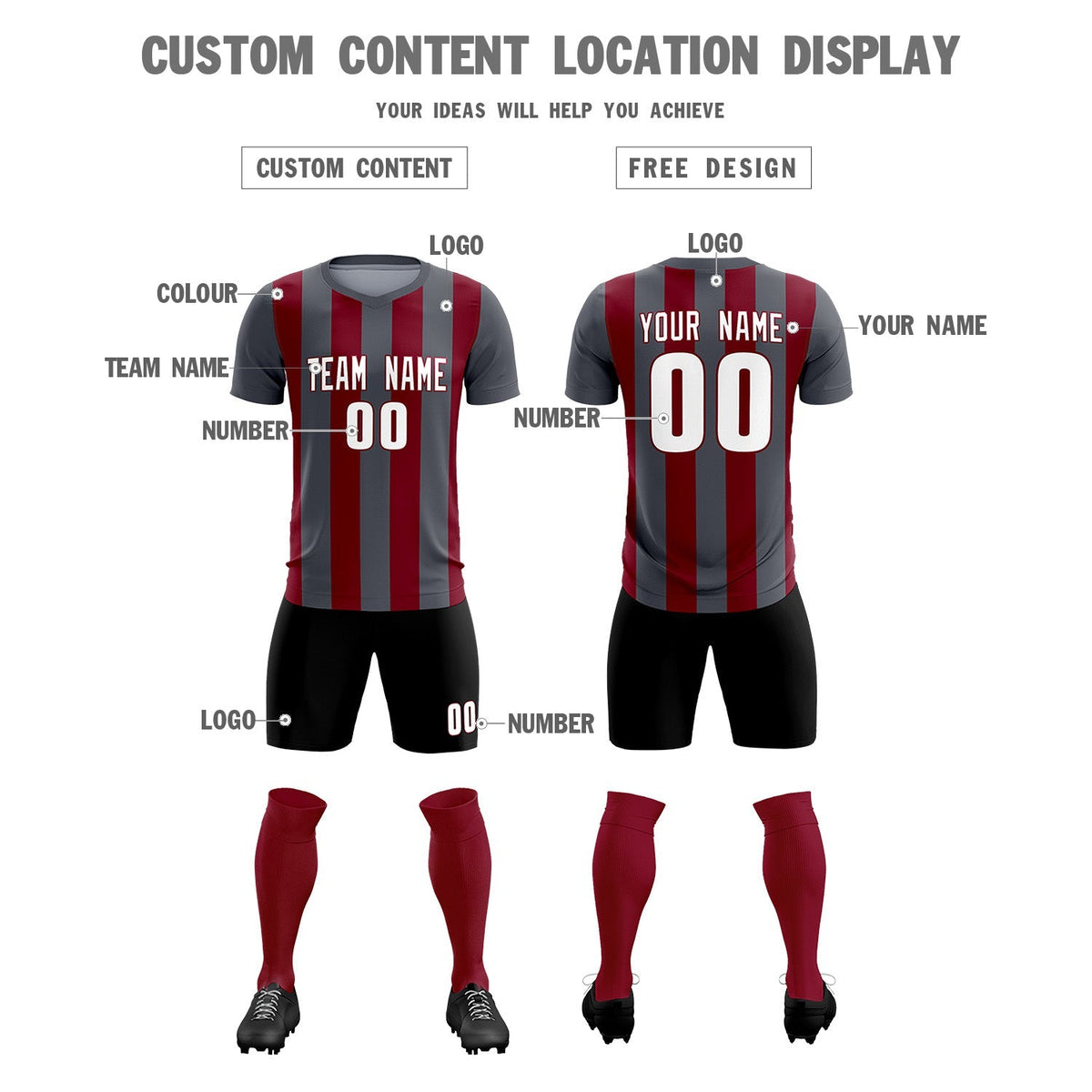 Custom Dark Gray Crimson Vertical Stripes Casual Outdoor Soccer Sets Jersey