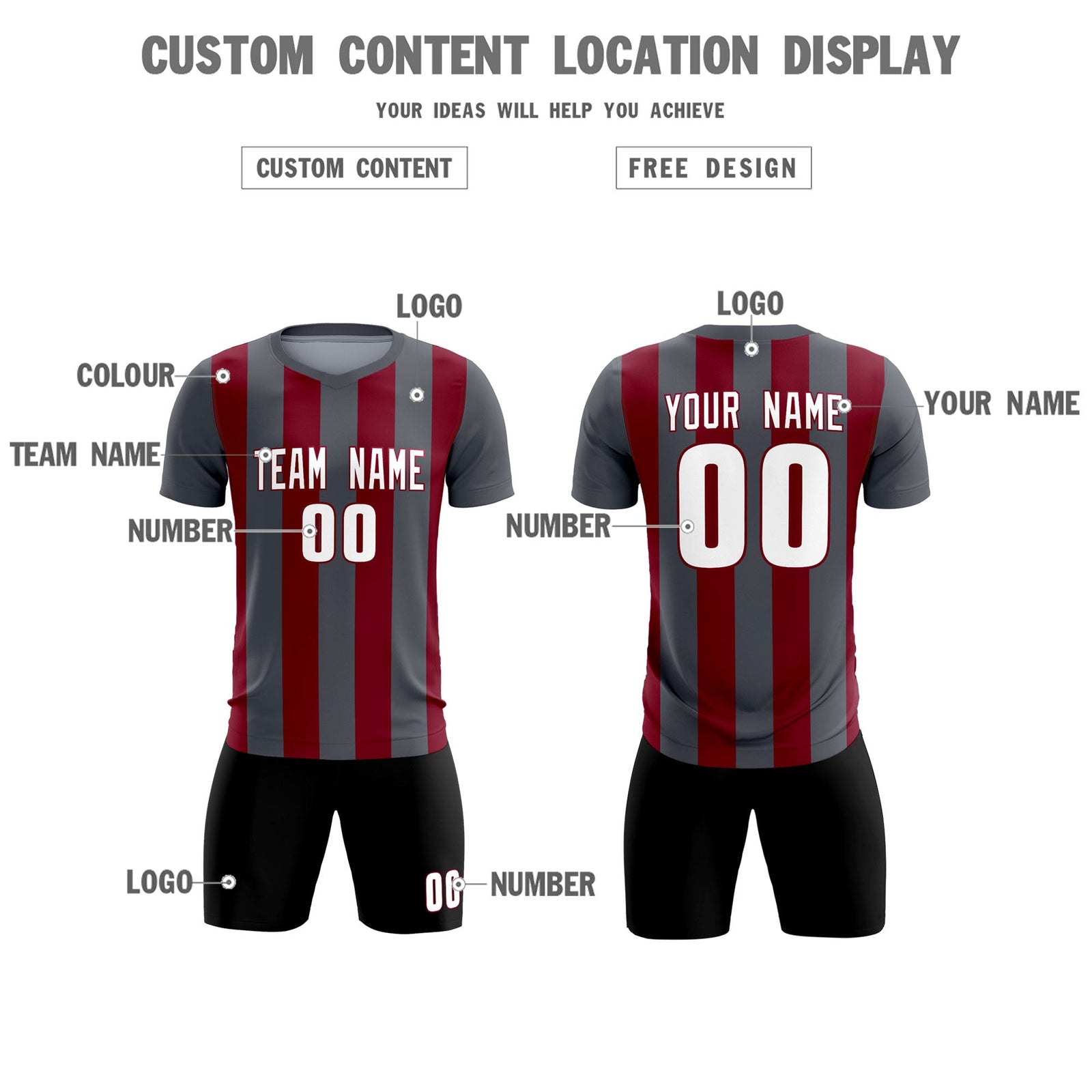 Custom Dark Gray Crimson Vertical Stripes Casual Outdoor Soccer Sets Jersey