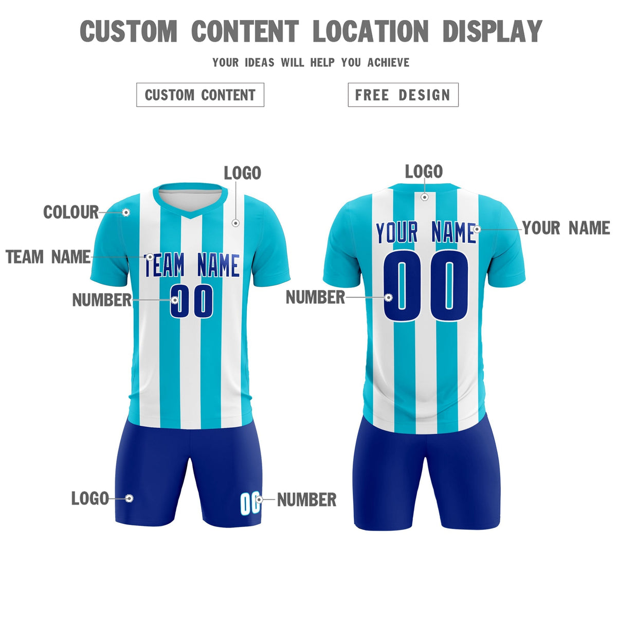 Custom White Sky Blue Vertical Stripes Casual Outdoor Soccer Sets Jersey