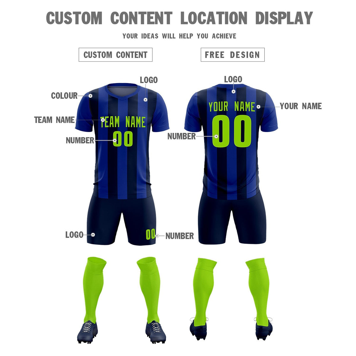 Custom Royal Navy Vertical Stripes Casual Outdoor Soccer Sets Jersey