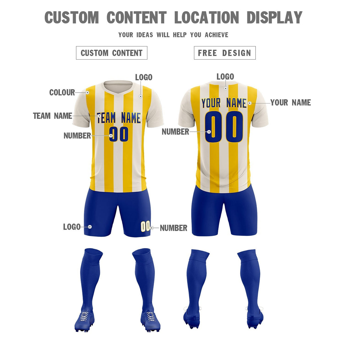 Custom Cream Gold Vertical Stripes Casual Outdoor Soccer Sets Jersey
