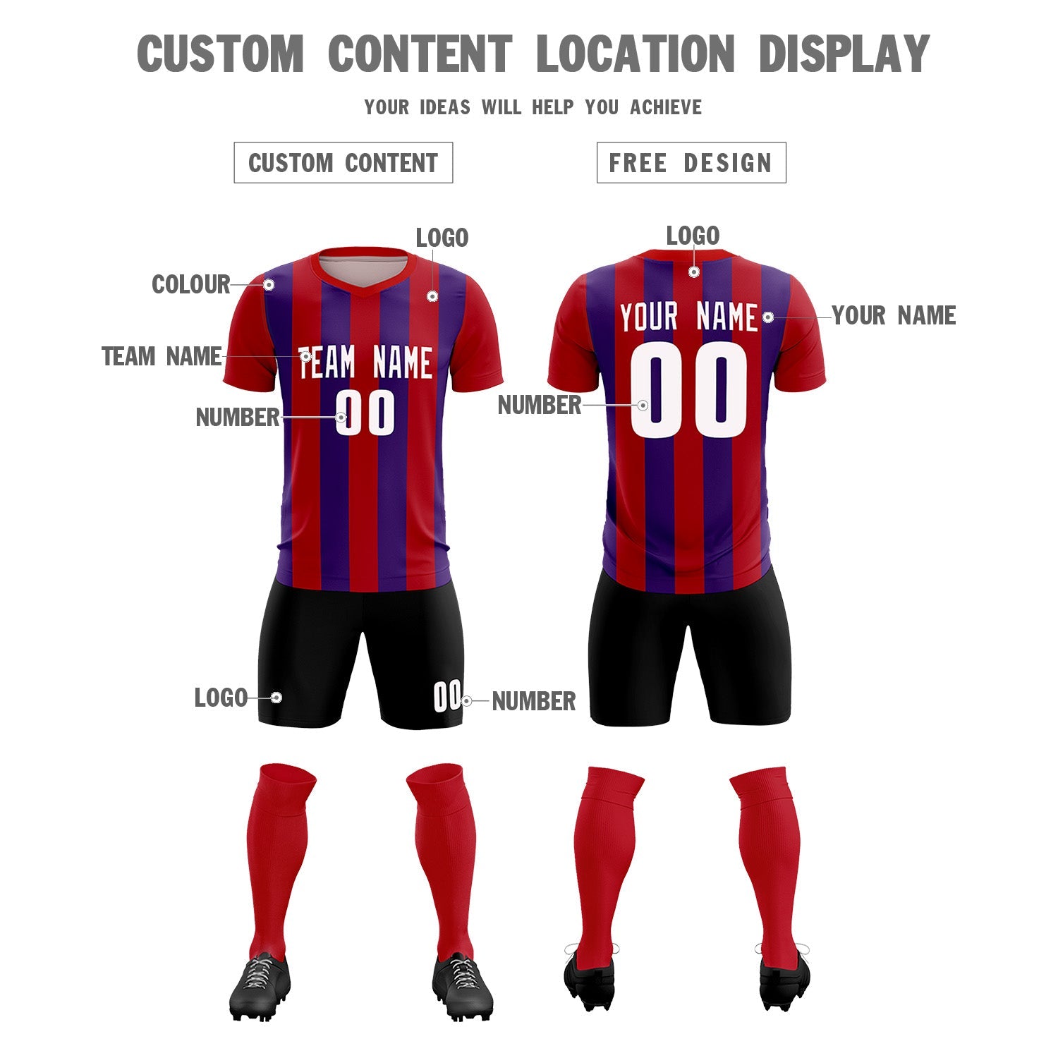 Custom Red Purple Vertical Stripes Casual Outdoor Soccer Sets Jersey