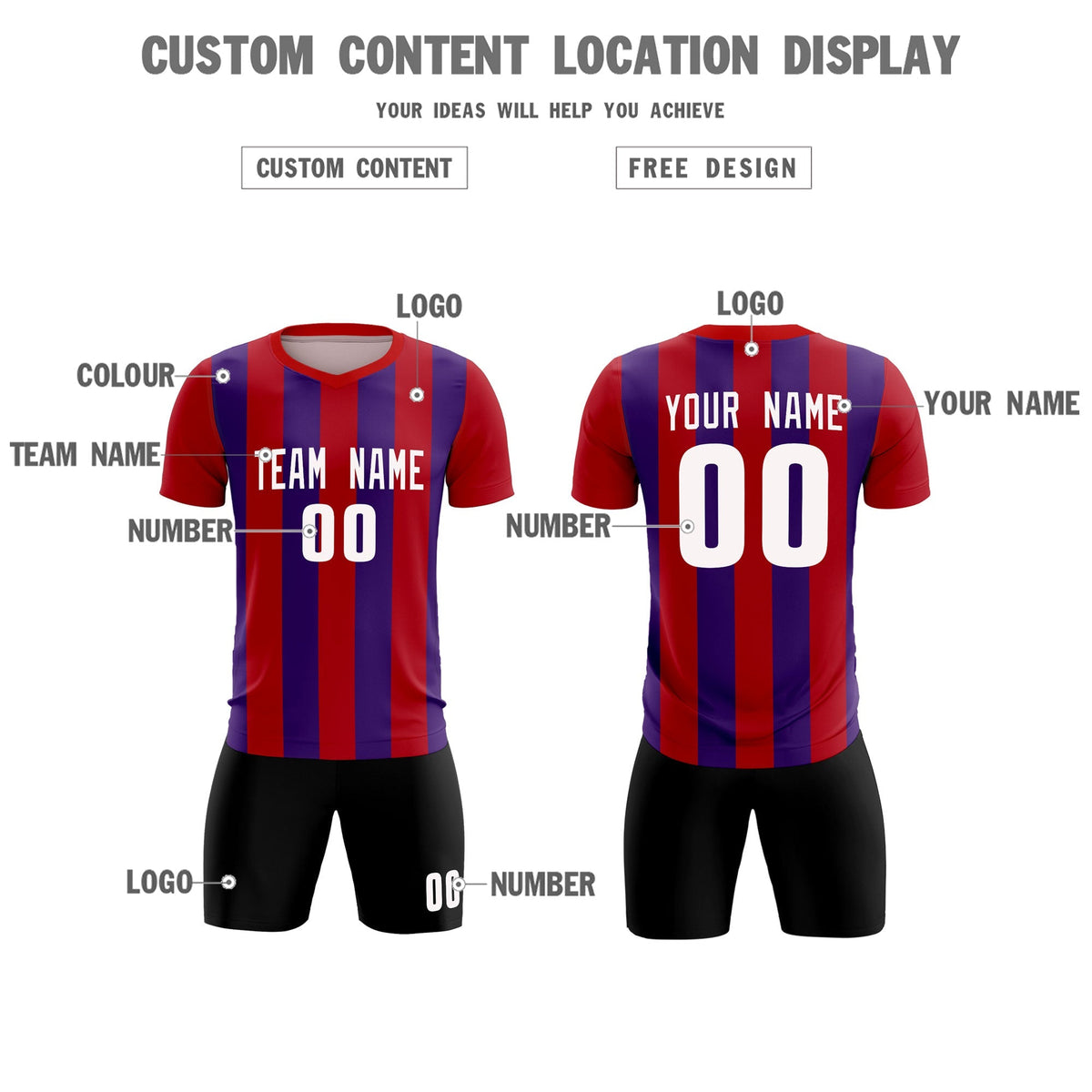 Custom Red Purple Vertical Stripes Casual Outdoor Soccer Sets Jersey